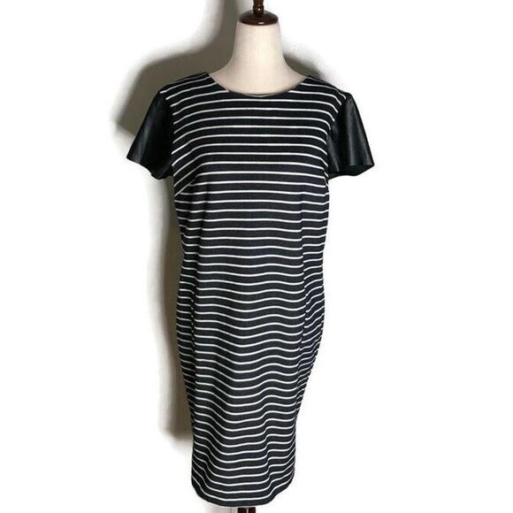 Ann Taylor Womens Shift Career Dress Navy White Faux Leather Short Sleeve M - Picture 2 of 9